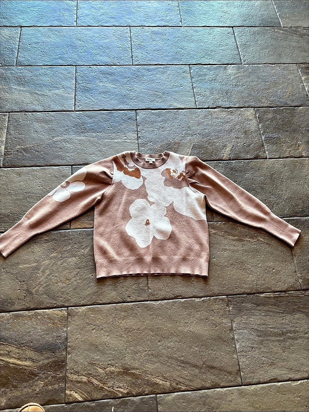 SugarLips Zinnia Floral Gathered Shoulder Sweater Tan & White